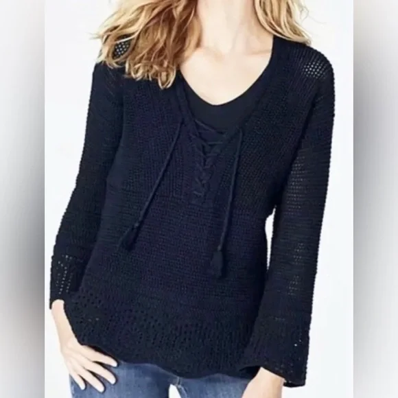 J.Jill NWT Beachy Open Knit Crochet Cotton Pullover Sweater Navy Blue Sz Small - Picture 1 of 7